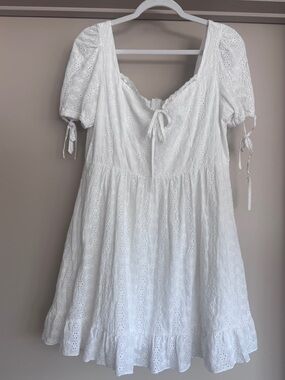 White Eyelet Puff Sleeve Tie Front Mini Dress Cottagecore M